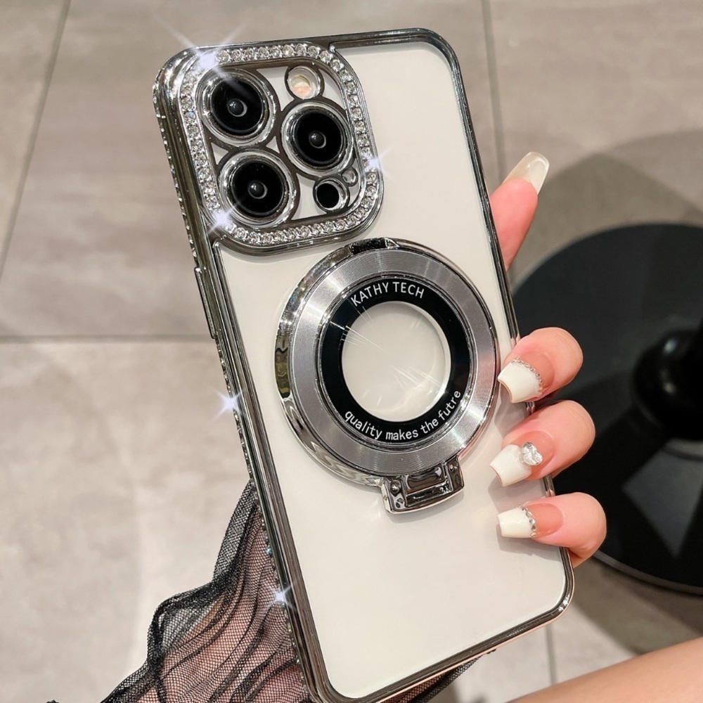 CLEAR SILVER RHINESTONE BLING IPHONE 15PRO PHONECASE WITH KICKSTAND - Picture 2 of 14